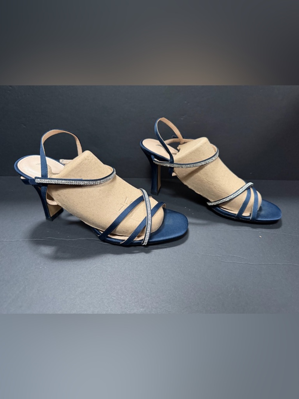 Nina Satin Strappy Heels Navy Rhinestone Accents s
9 Velcro adjustable strap